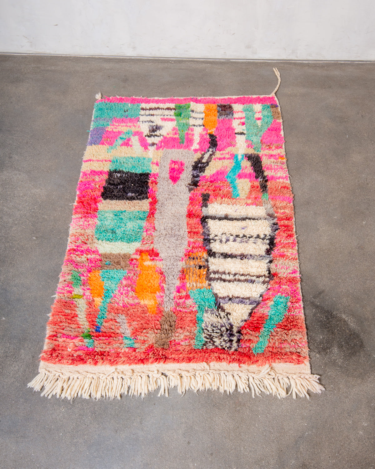 Modern, designer, handcrafted Berber rug from Morocco. Vintage carpet with beautiful colours and patterns and fluffy texture.